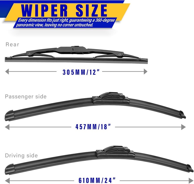 Rooppa 3 wipers Replacement for 2018-2021 GMC Terrain, Windshield Wiper Blades Original Equipment Replacement - 24"/18"/12" (Set of 3) U/J HOOK - Image 2